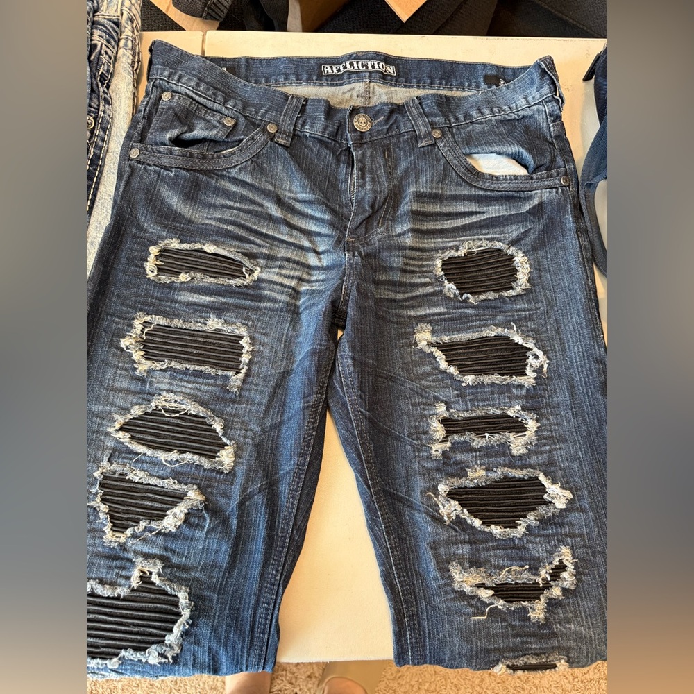 Addiction Ripped Dark Blue Jean Shorts